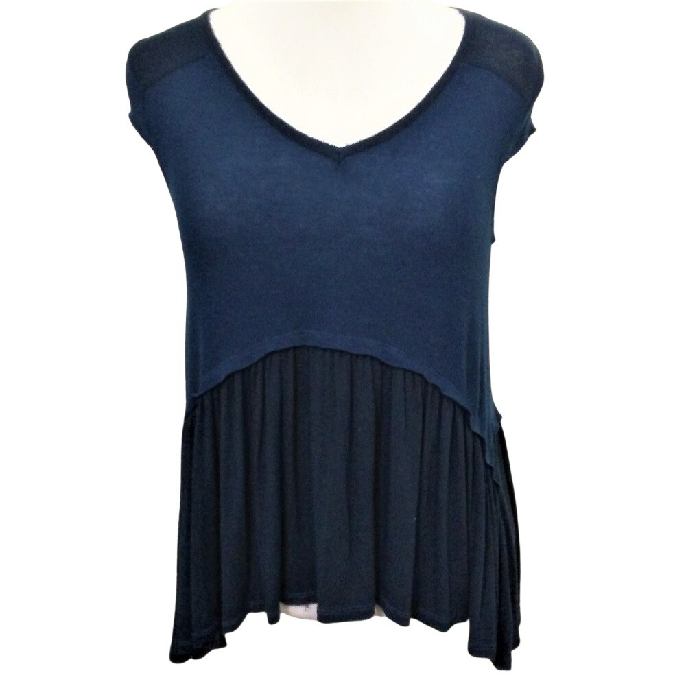 Anama Womens Navy Blue Mixed Media Peplum Cap Sleeve V-Neck Top Small